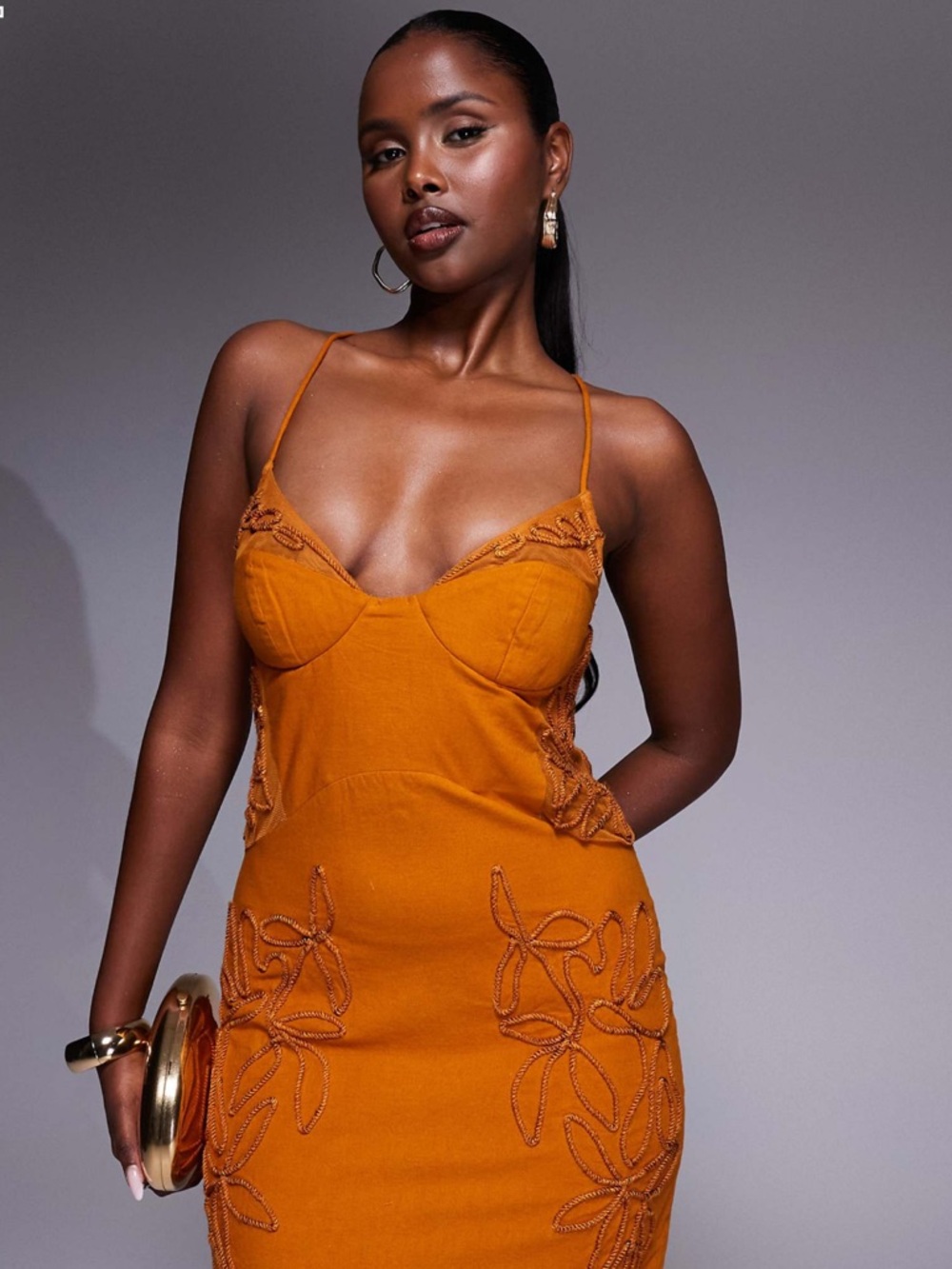 ASOS Design Rust-Orange Spaghetti-Strap Embroidered Midi Dress